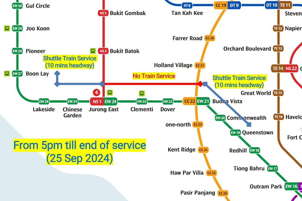 Only partial restoration of train services for EWL by 27 Sep