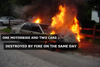 Three vehicles burn to charred remains in three different incidents