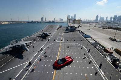 Lamborghini formally debuts the Veneno Roadster aboard aircraft carrier