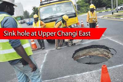 Parts of tipper truck gets stuck in sink hole incident in Upper Changi