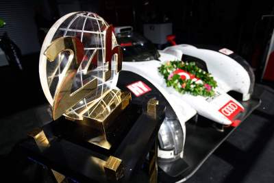 Three Audi R18 e-tron quattro cars at 83rd Le Mans 24 Hours