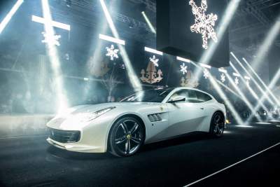 Ferrari GTC4Lusso does the catwalk in a fashion show at Old Billingsgate Market