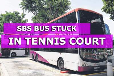 SBS Transit bus stuck in tennis court at Yio Chu Kang