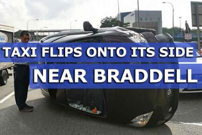 Taxi flips onto its side in accident with car and motorcycle