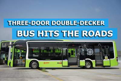 Three-door double-decker bus with two staircases hits the road in trial