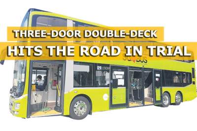 Double-decker bus with three doors hits the road in trial