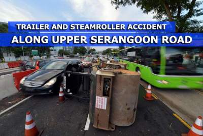 Traffic jam along Upper Serangoon Road after steamroller falls from trailer