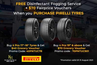 Free shopping vouchers and car fogging service with every set of Pirelli tyres from Kim Hoe & Co